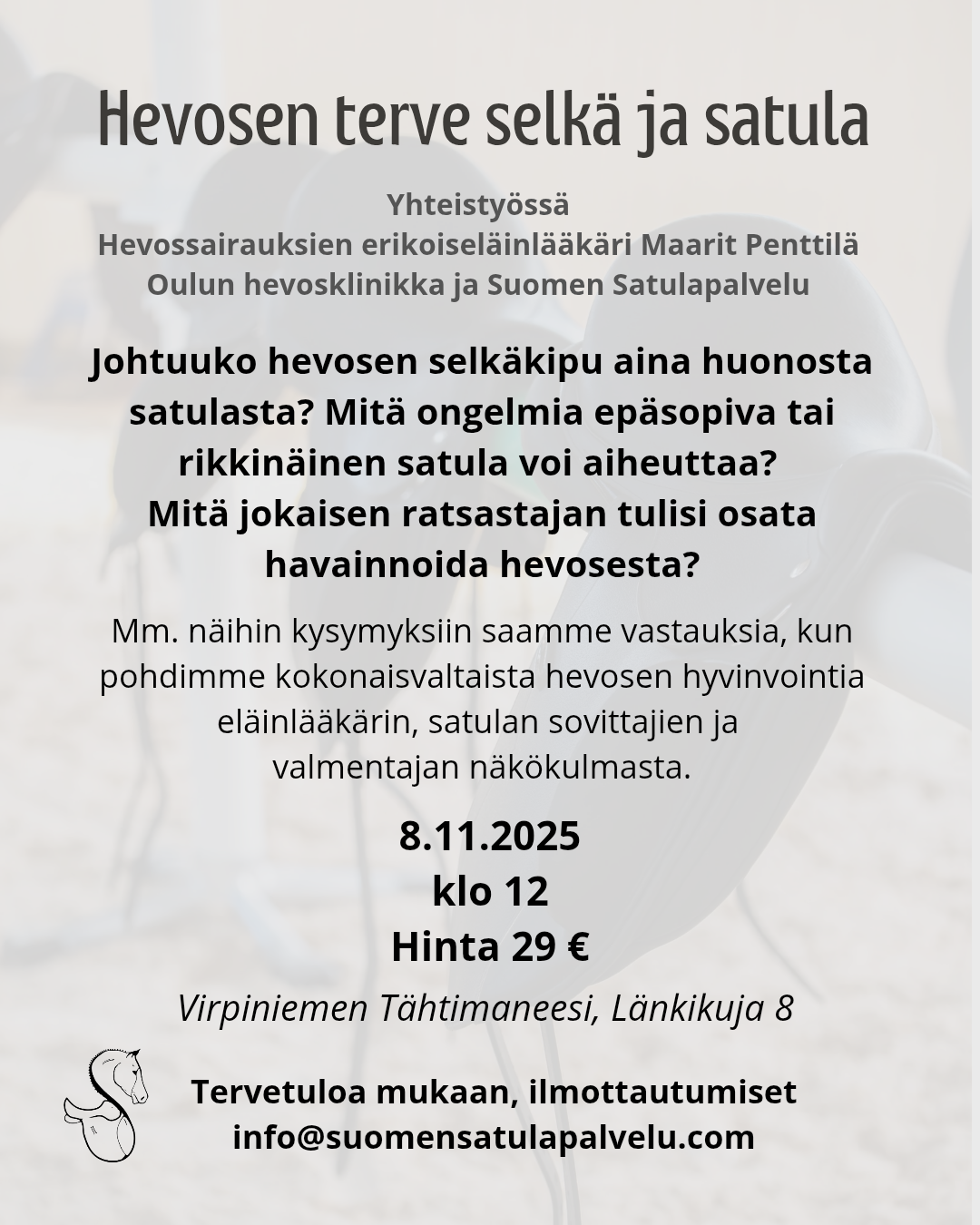 Hevosen terve selkä ja satula kurssi 8.11.2025