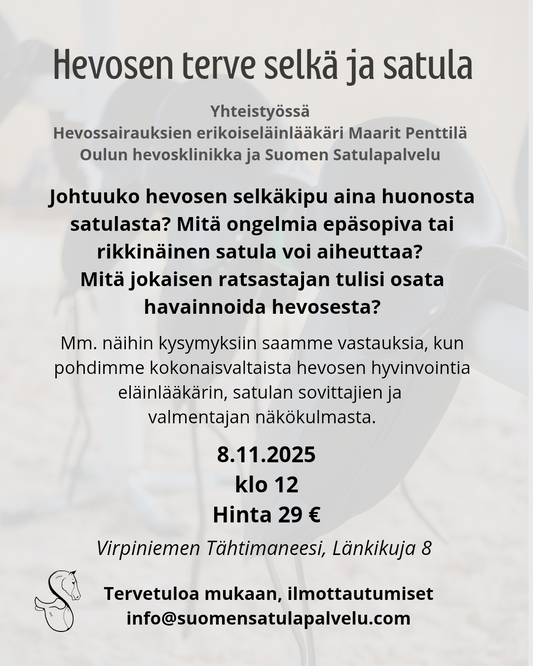 Hevosen terve selkä ja satula kurssi 8.11.2025